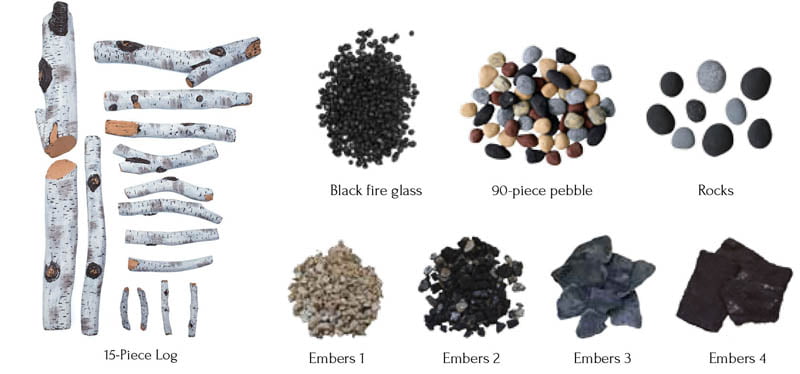 BIRCH-15 Piece Log Set with Deluxe Media - logs, stones, pebbles, blk fire glass, embers