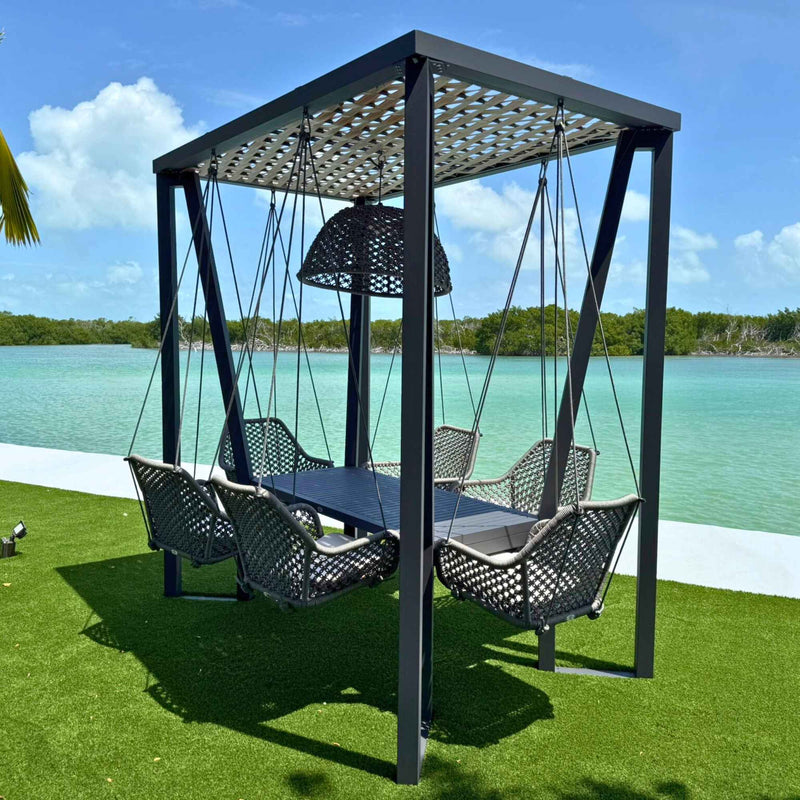 Horizon 8FT Pergola with Lamp, Moma Hanging Chairs & Aluminum Table