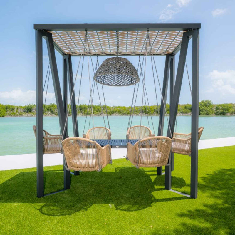 Horizon 8FT Pergola with Lamp, Calixto Hanging Chairs & Aluminum Table 2
