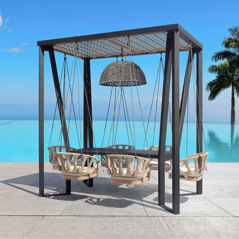 Horizon 8FT Pergola with Lamp, Krabi Hanging Chairs & Aluminum Table