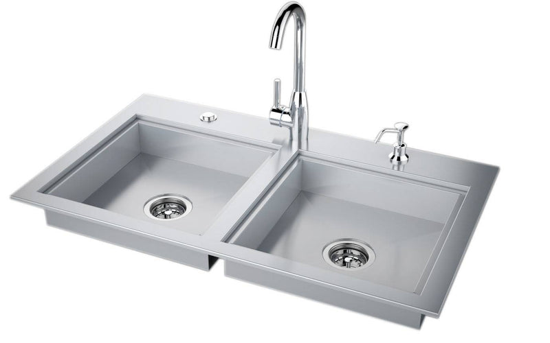 37” ADA Compliant Double Sink with Removable Lids, Hot/Cold Faucet, Soap Dispenser & (2) Sink Drains