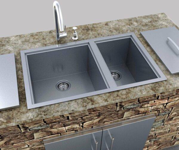 Over/Under 34" x 12" Height Double Basin Sink w/Lids, (2) Sink Drains