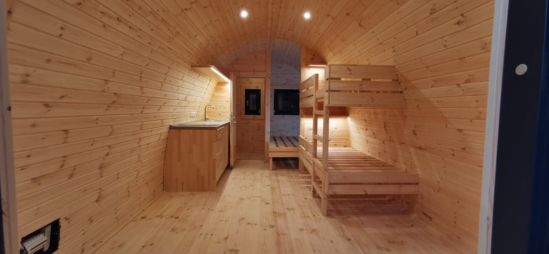 The Escape Vessel – 3.0m x 5.9m Luxury Insulated Camping Pod with Bath + Kitchen