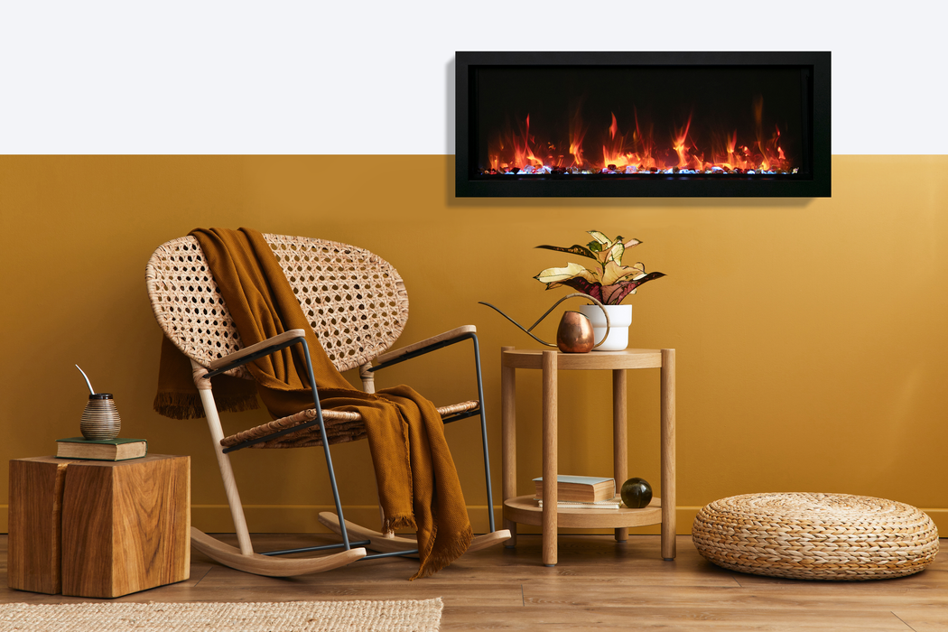 Smart 30″ Extra Slim Indoor or Outdoor Electric Built-In only Electric Fireplace with black steel surround