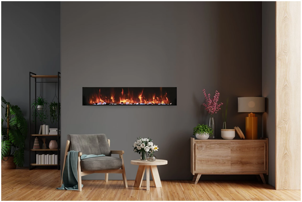 Smart 30″ Extra Slim Indoor or Outdoor Electric Built-In only Electric Fireplace with black steel surround