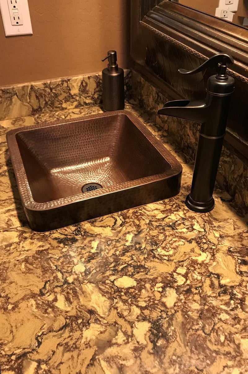 15" Square Skirted Vessel Hammered Copper Sink