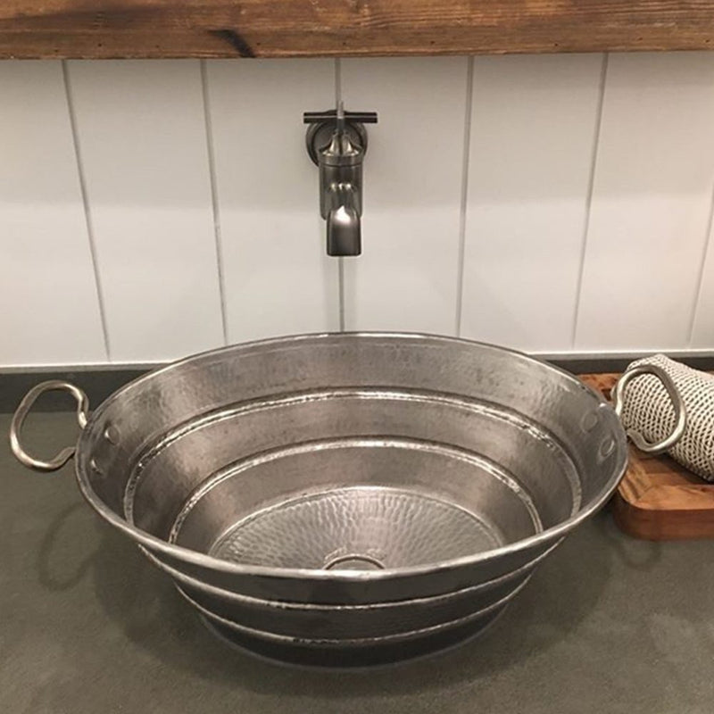 16" Oval Bucket Vessel Hammered Copper Sink with Handles