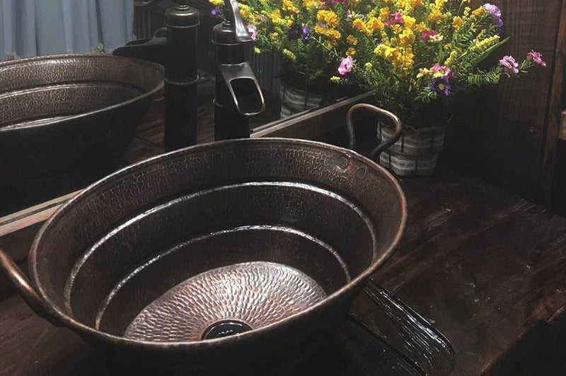 16" Oval Bucket Vessel Hammered Copper Sink with Handles