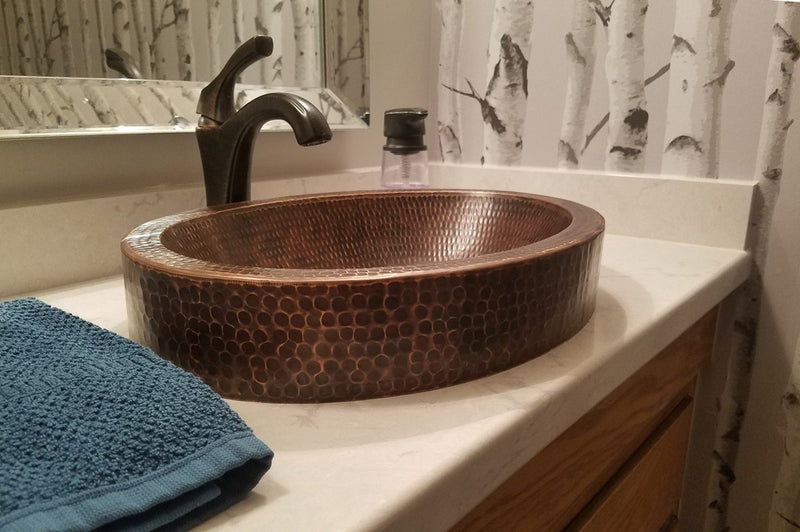 17" Compact Oval Skirted Vessel Hammered Copper Sink